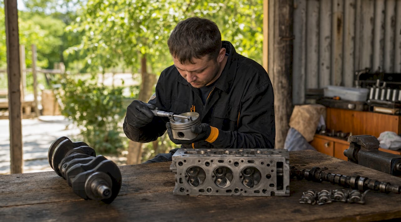 Technician measuring engine piston with micrometer