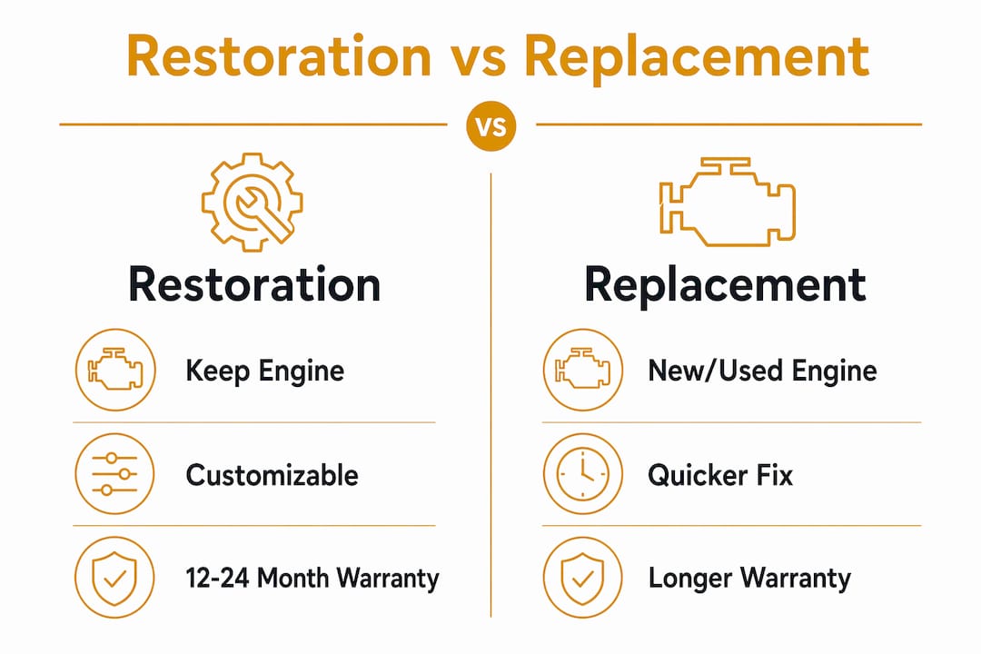 Infographic comparing engine restoration and replacement