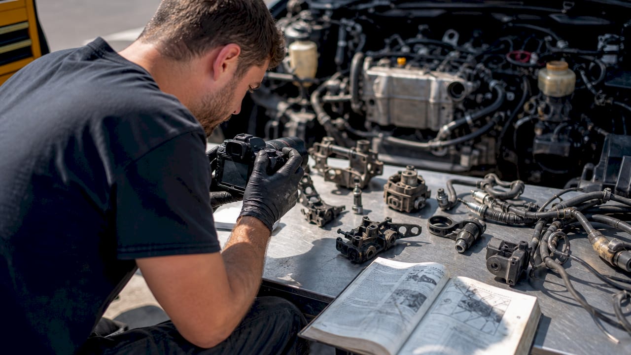 Technician documenting Hyundai engine parts before removal