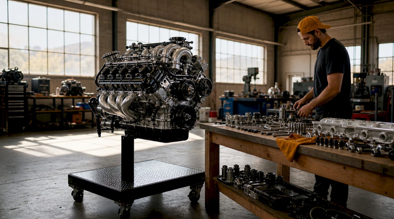 Close-up of new crate engine in restoration garage
