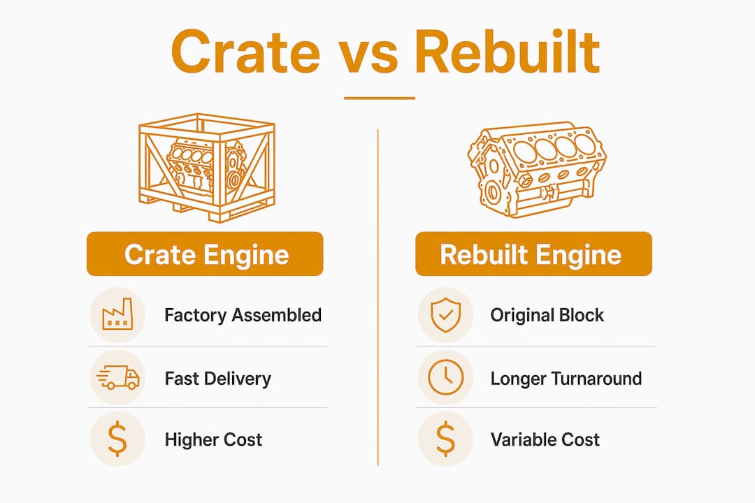 Infographic comparing crate and rebuilt engine key differences