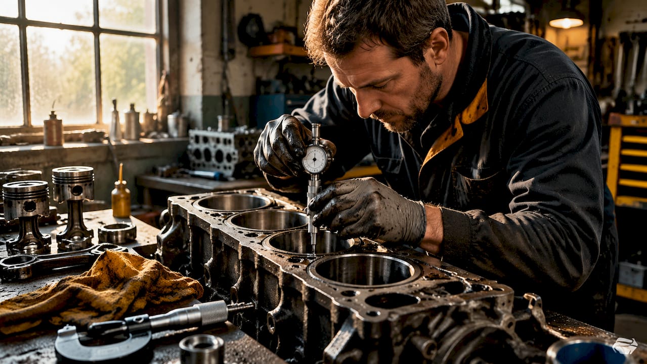 Mechanic measuring cylinder bores in rebuilt engine block