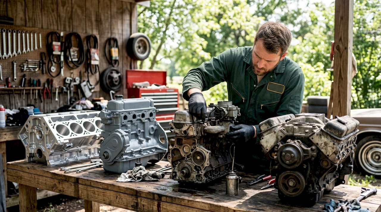 Mechanic inspecting various replacement engines