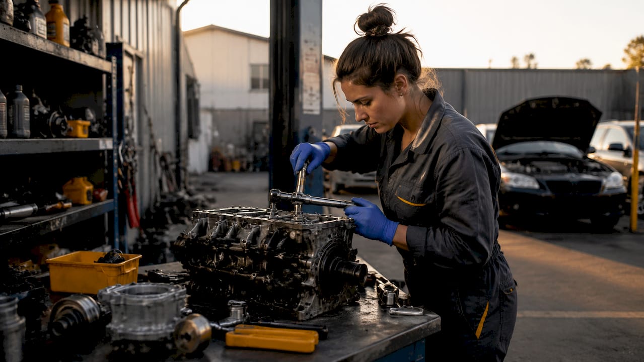 Technician tightening bolts on engine block