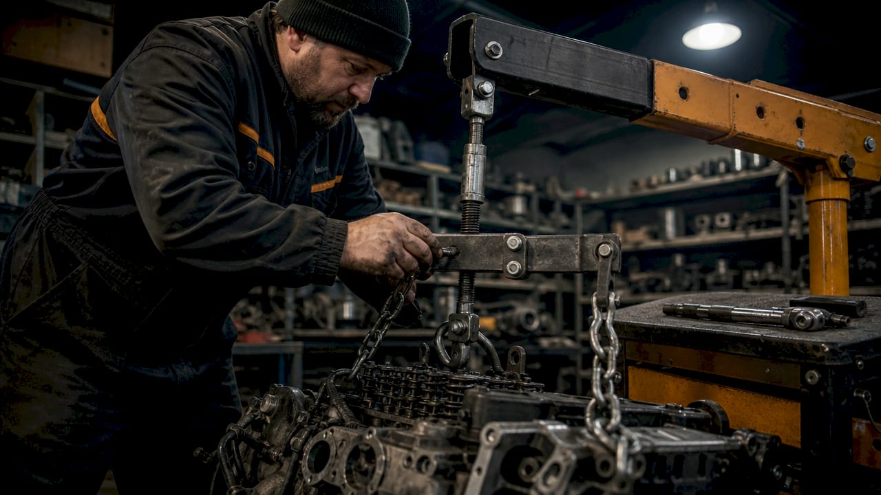 Mechanic adjusting engine hoist with torque wrench