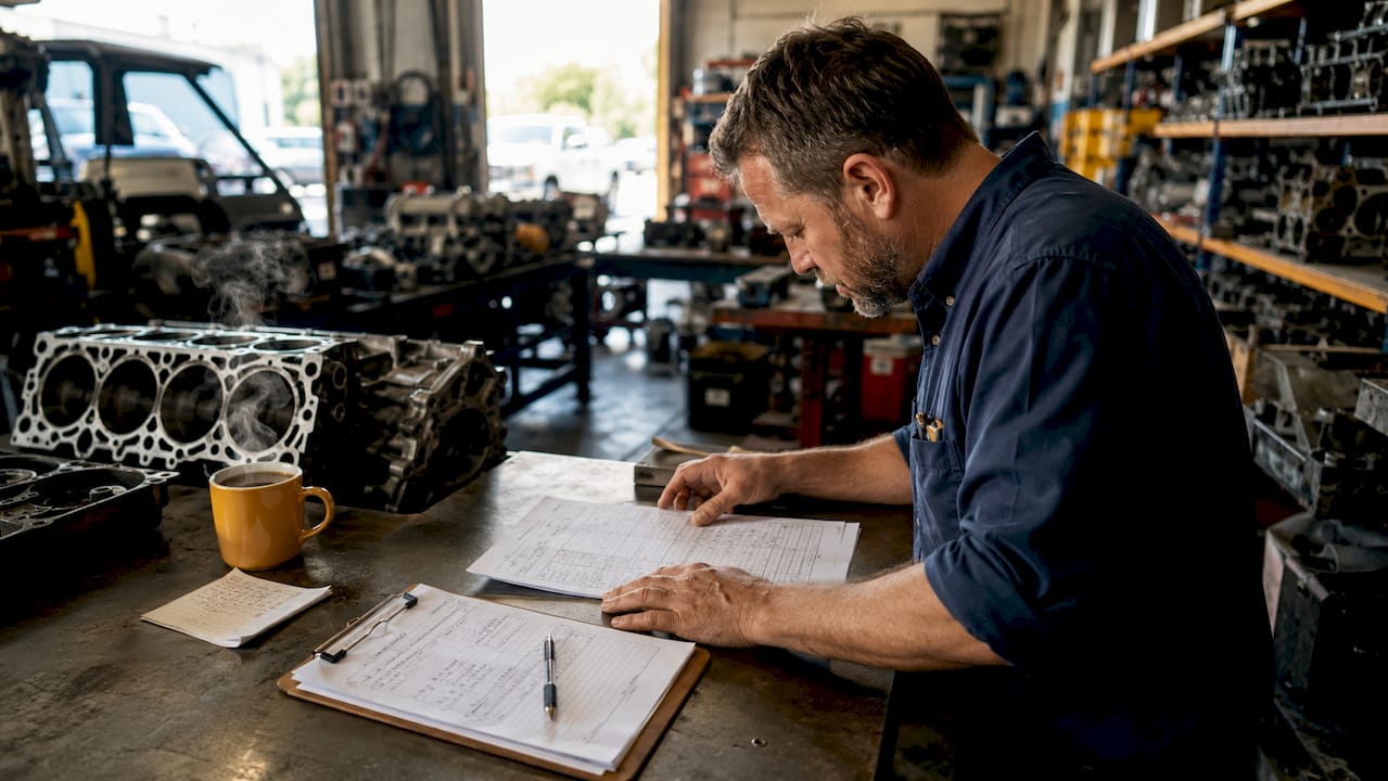 Workshop manager reviewing engine replacement factors