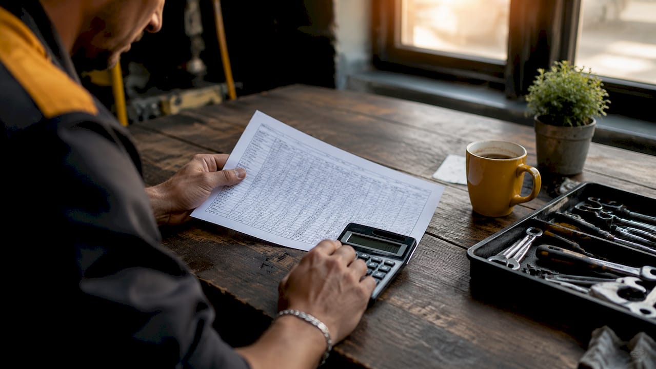 Hands calculating engine labour costs