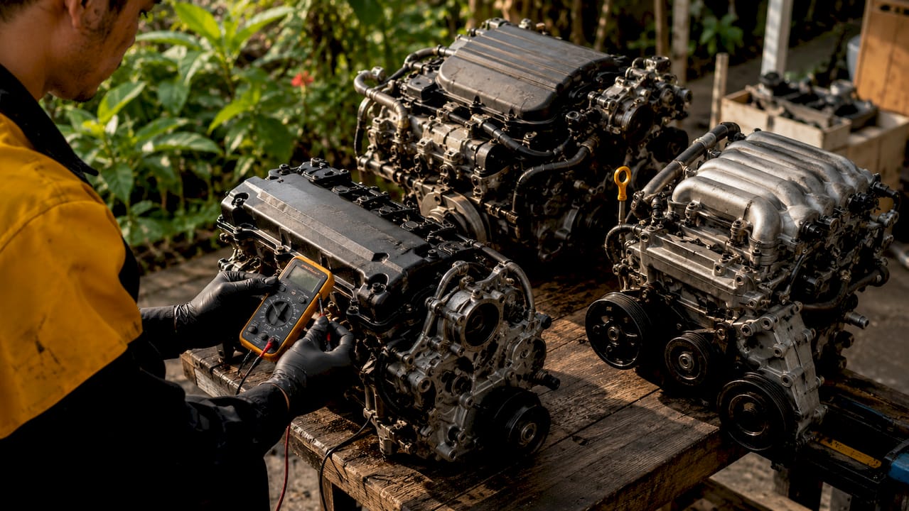 Close-up of Kia engine models and diagnostic testing