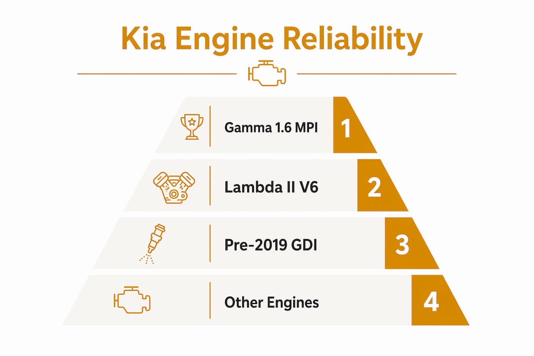 Infographic depicting ranked Kia engine reliability tiers