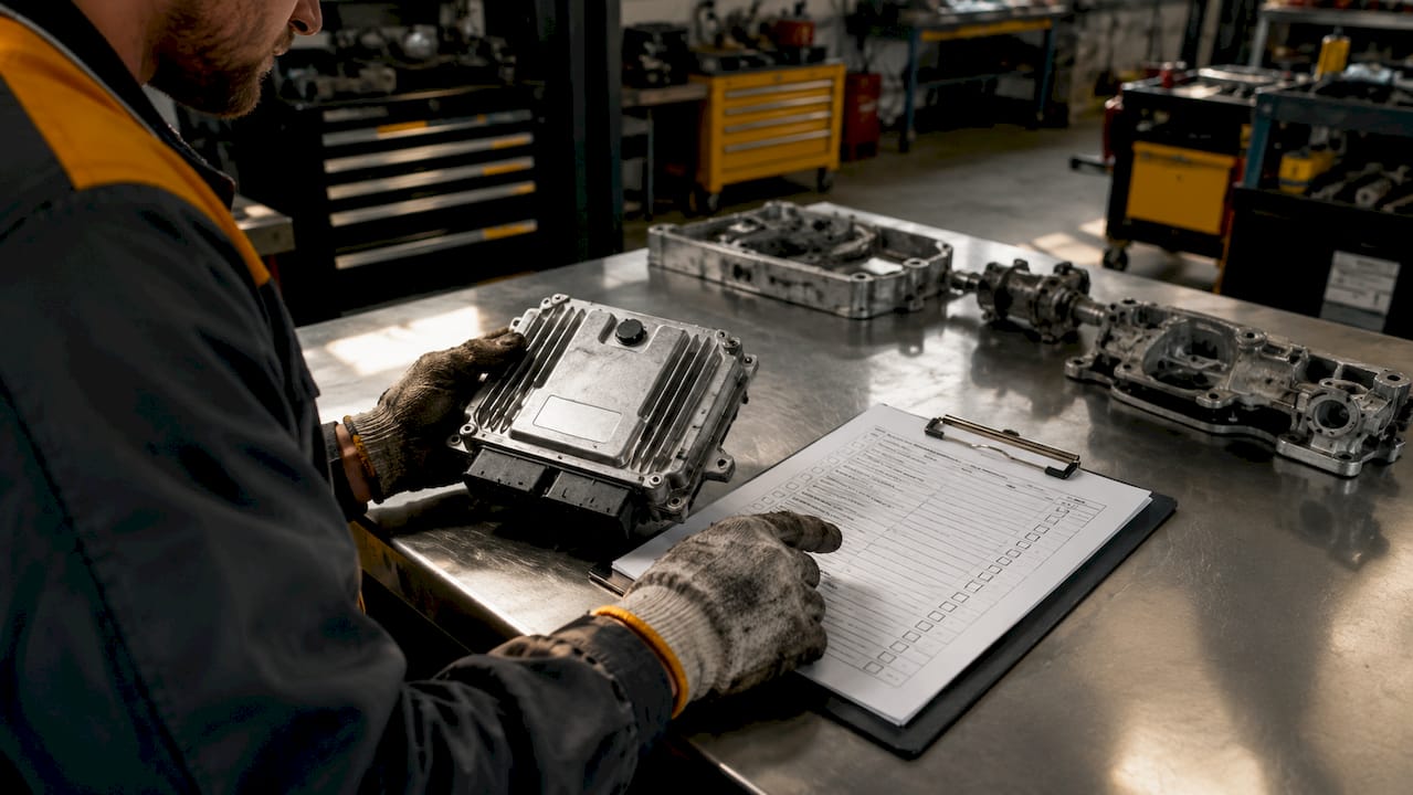 Hands holding ECU and compatibility checklist