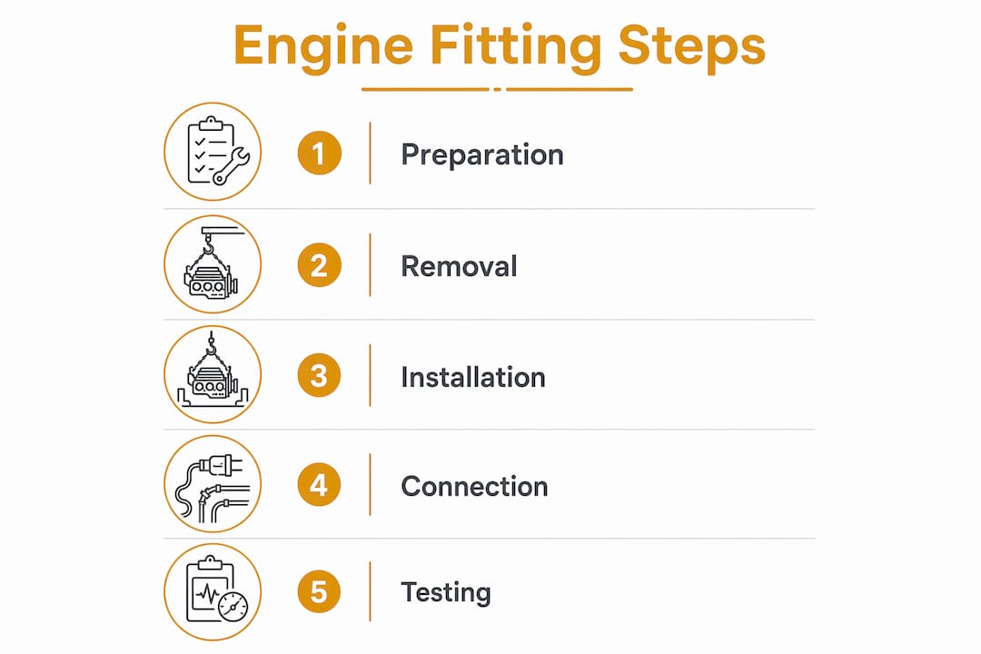 Infographic illustrating engine fitting steps