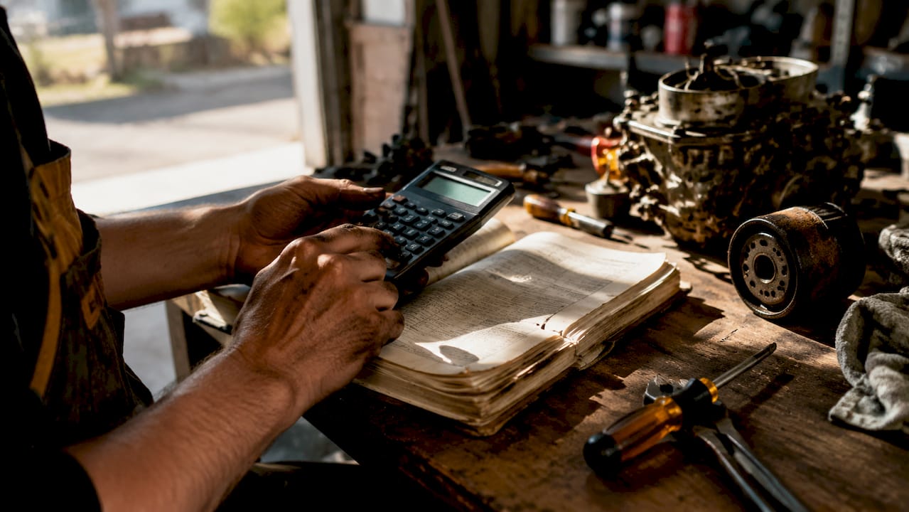 Hands calculating engine replacement costs
