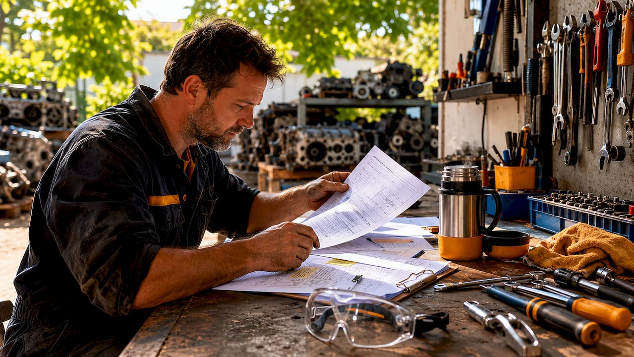 Close-up of hands reviewing engine test notes