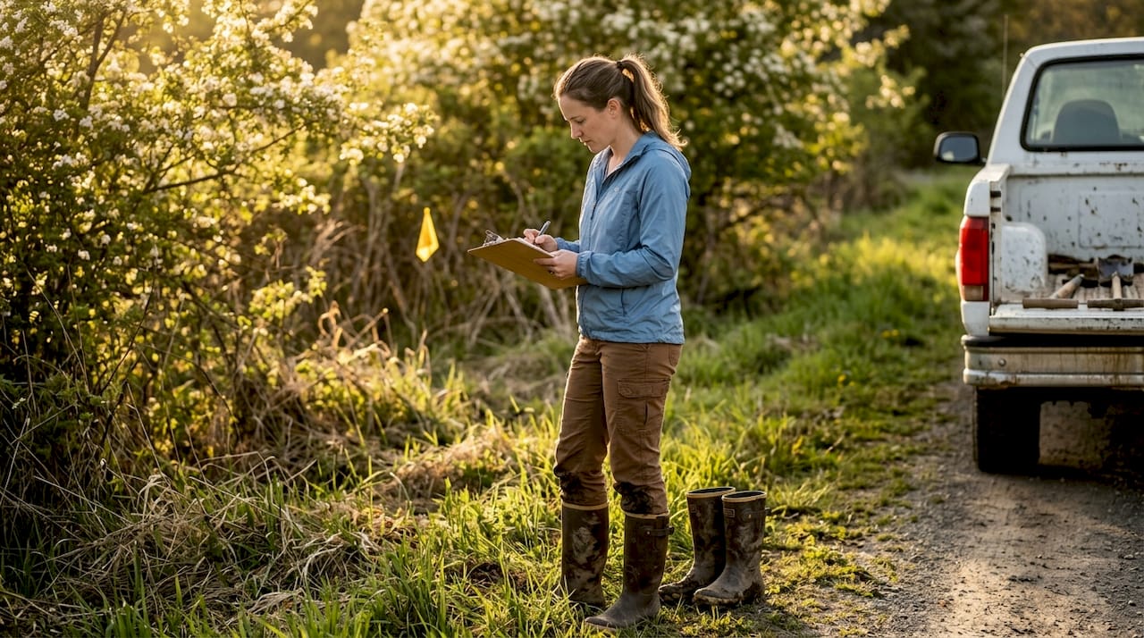 Consultant marking wetland boundaries near woods