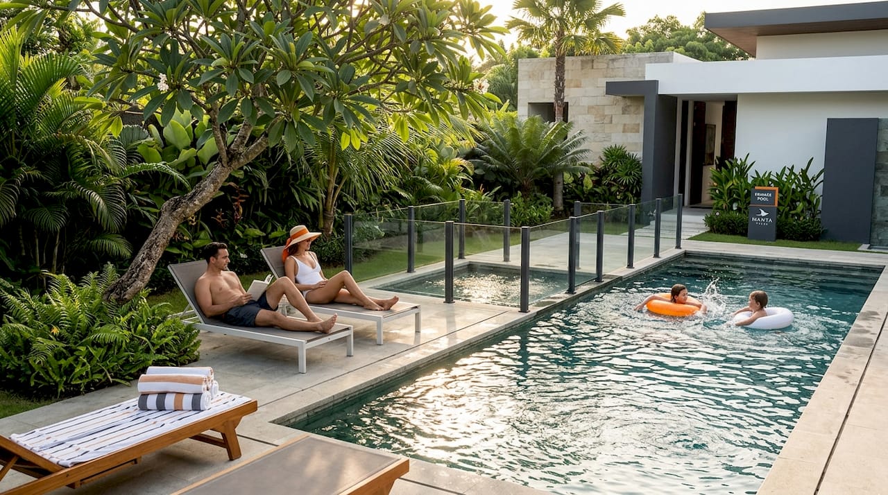 Family enjoys private pool at Bali villa