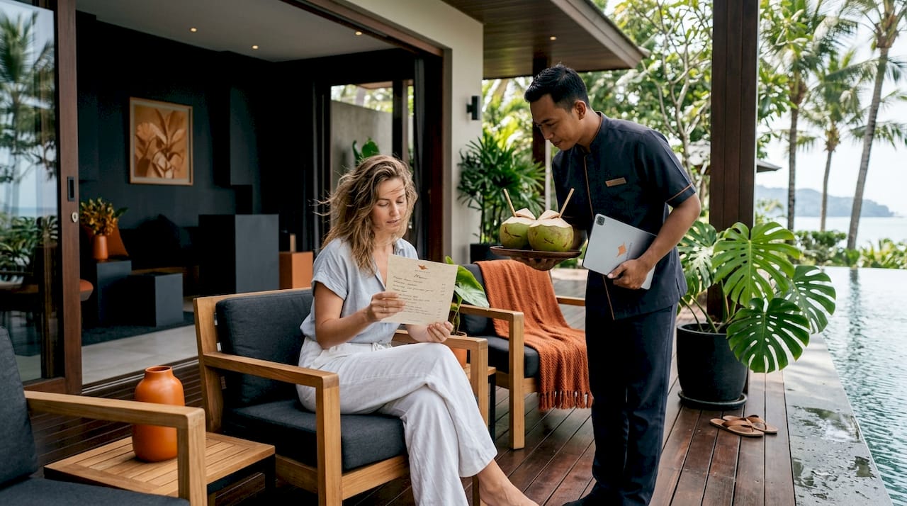 Villa guest and butler discussing amenities
