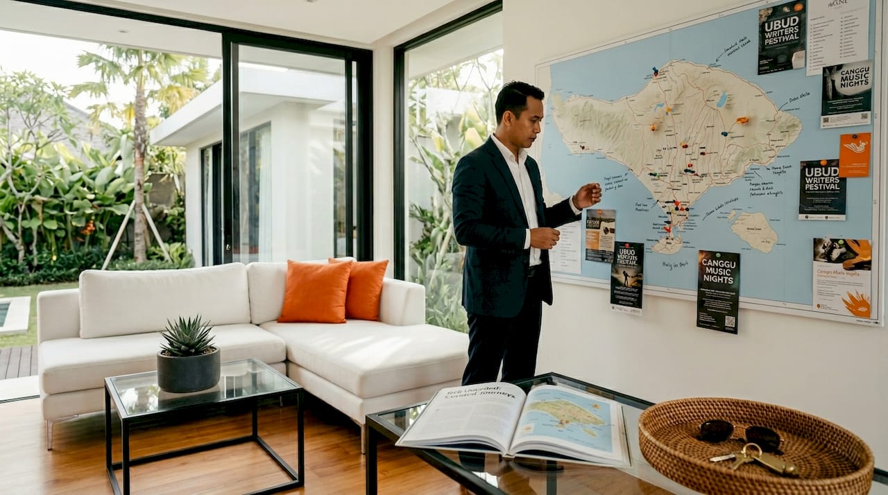 Property manager reviewing Bali villa location map