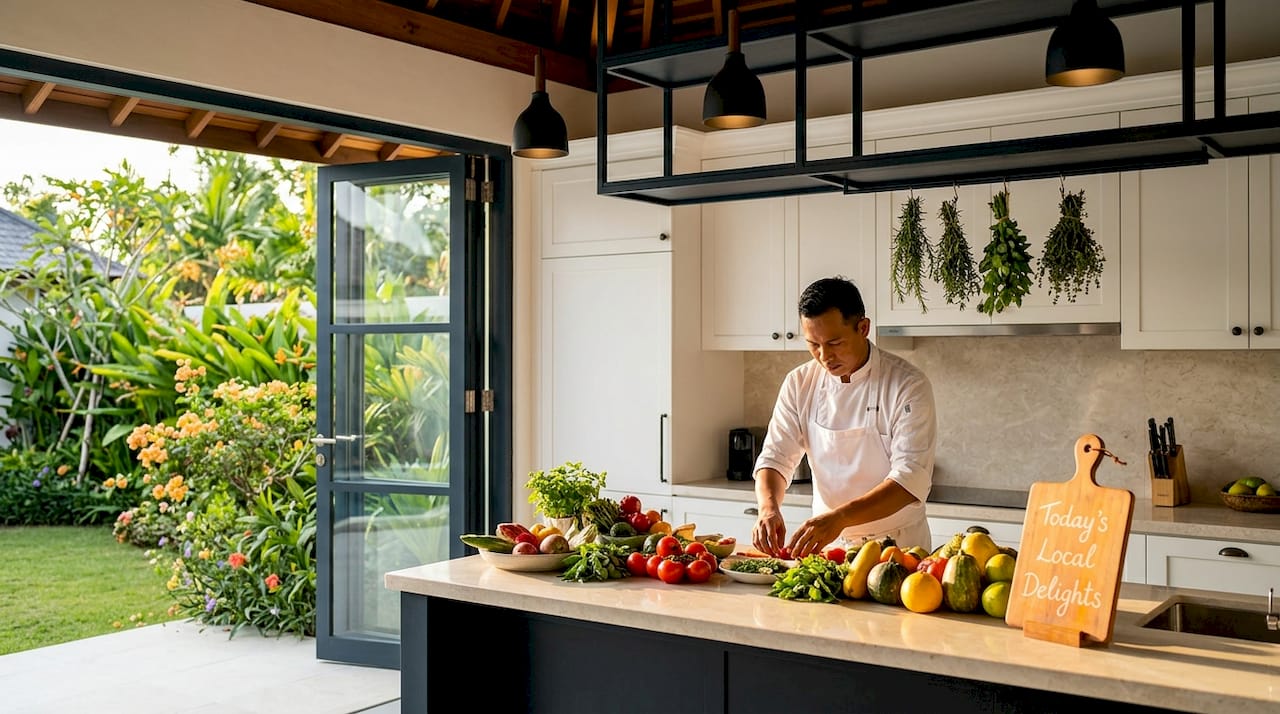 Chef preparing Balinese cuisine in villa kitchen