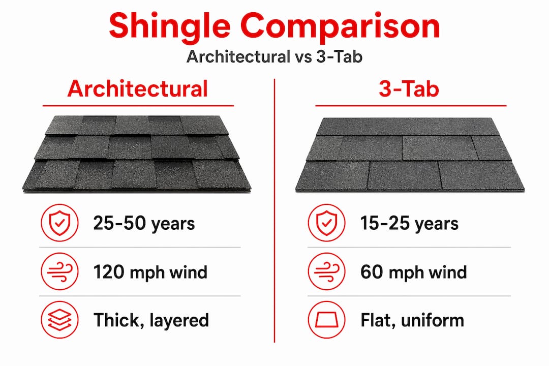 Infographic comparing architectural and 3-tab shingles