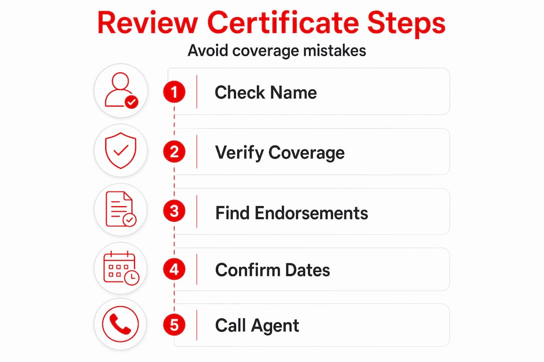 Infographic showing steps to review insurance certificate
