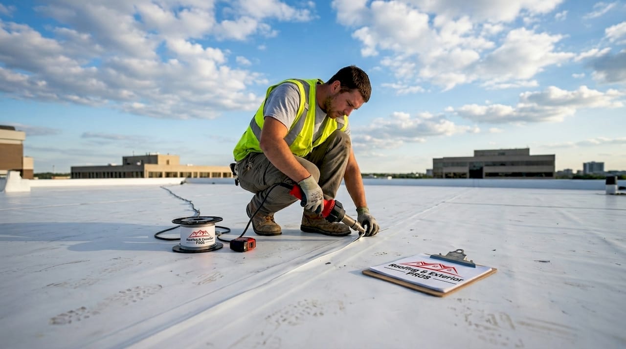 Roofer welding seams on TPO membrane roof