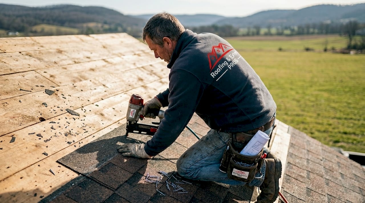 Roofing subcontractor working on residential roof