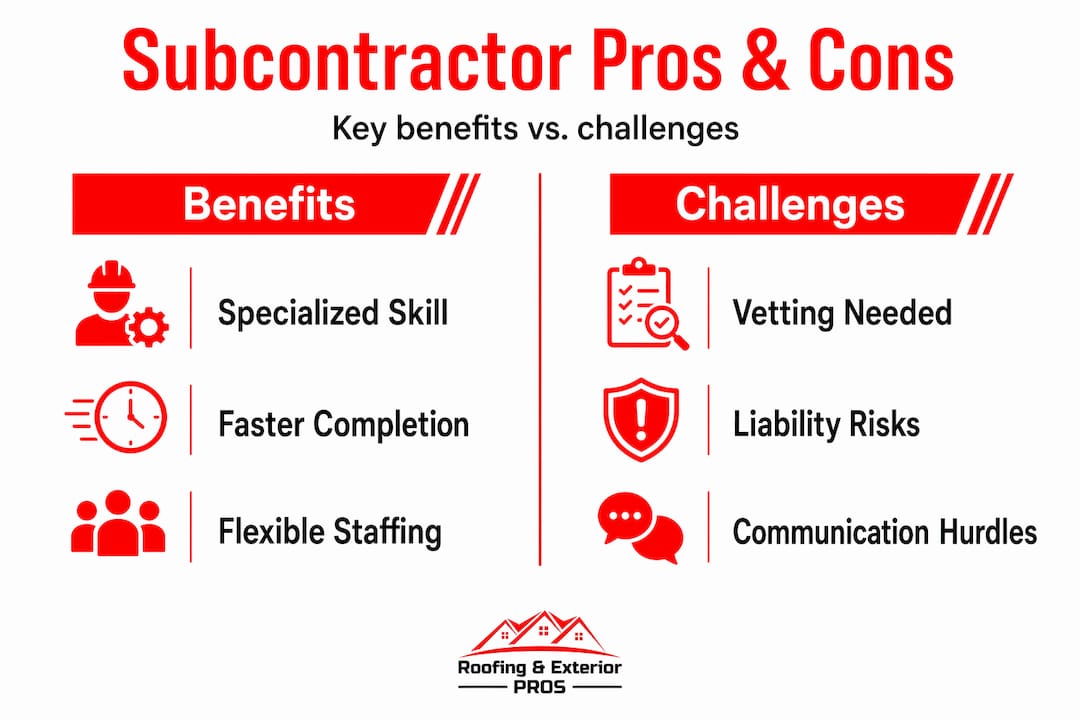 Infographic comparing pros and cons of roofing subcontractors