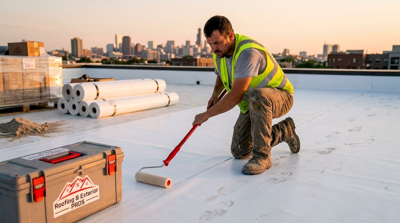 Roof installer applying reflective membrane