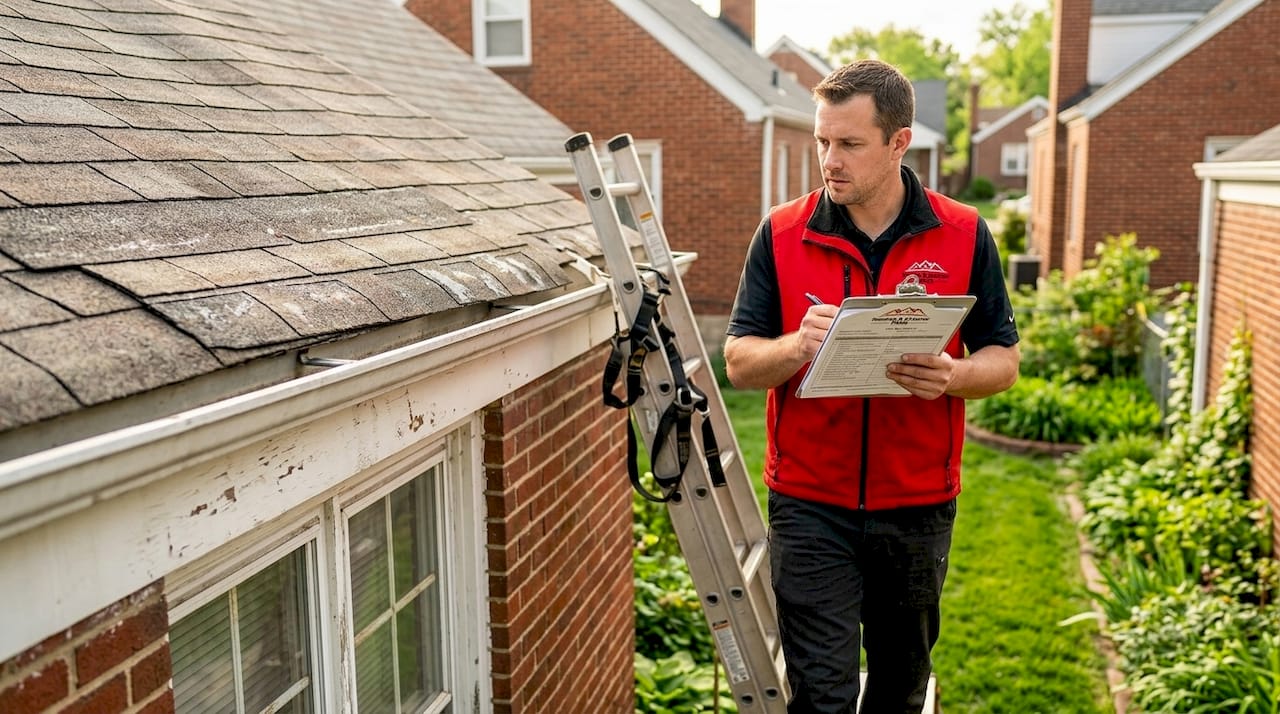 Contractor inspecting roof for code compliance