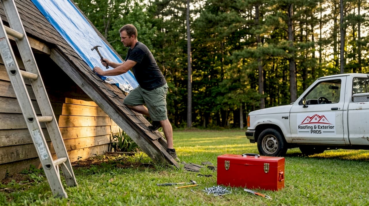 Homeowner securing tarp on suburban roof