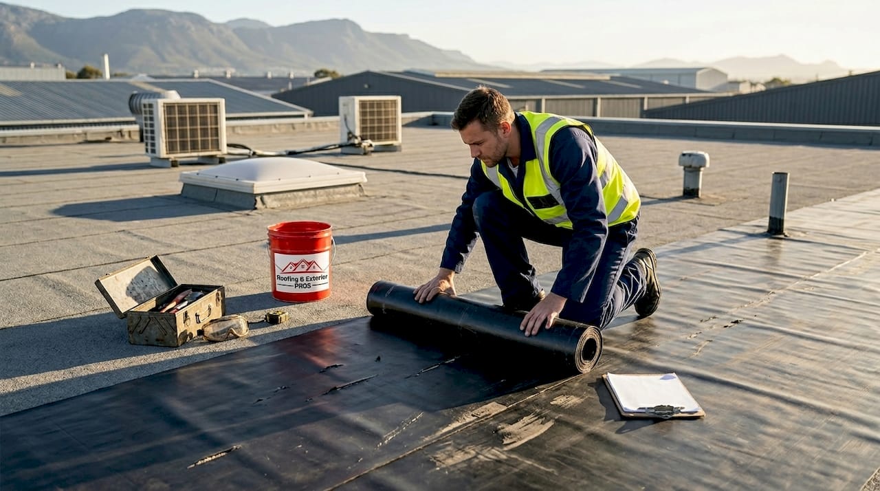 Worker inspecting EPDM membrane on flat office roof