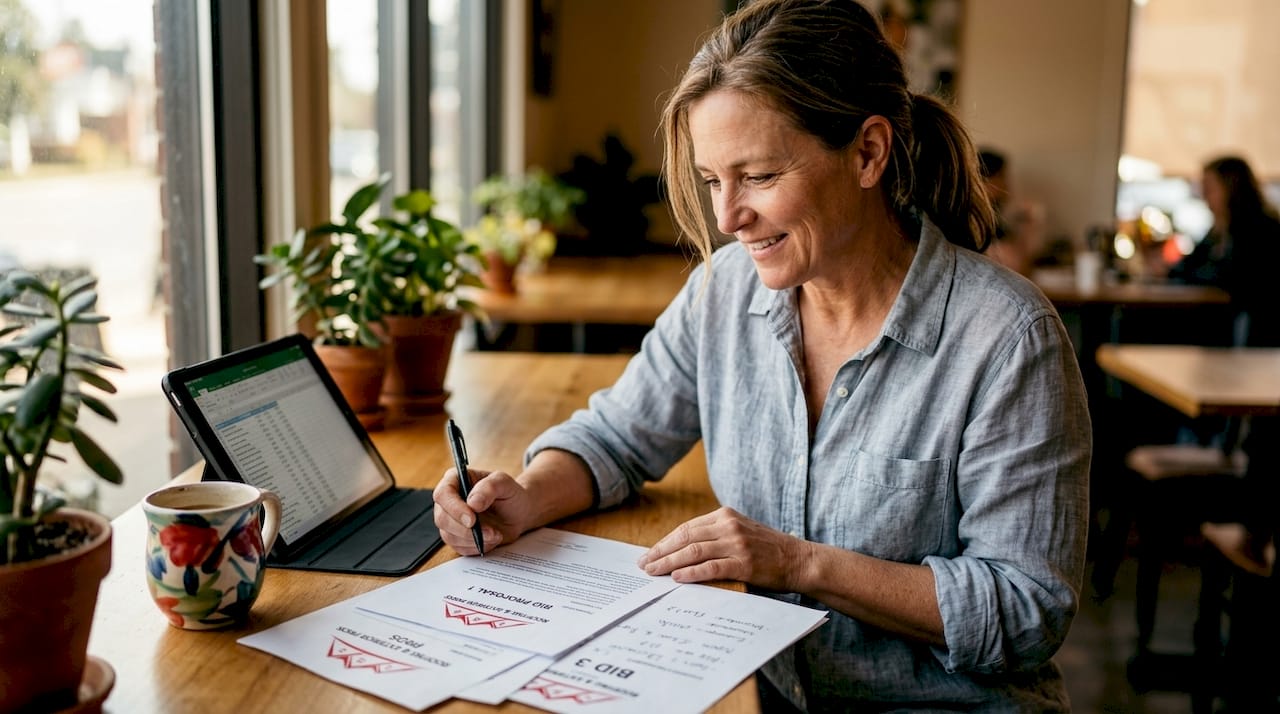 Manager reading bids at office table