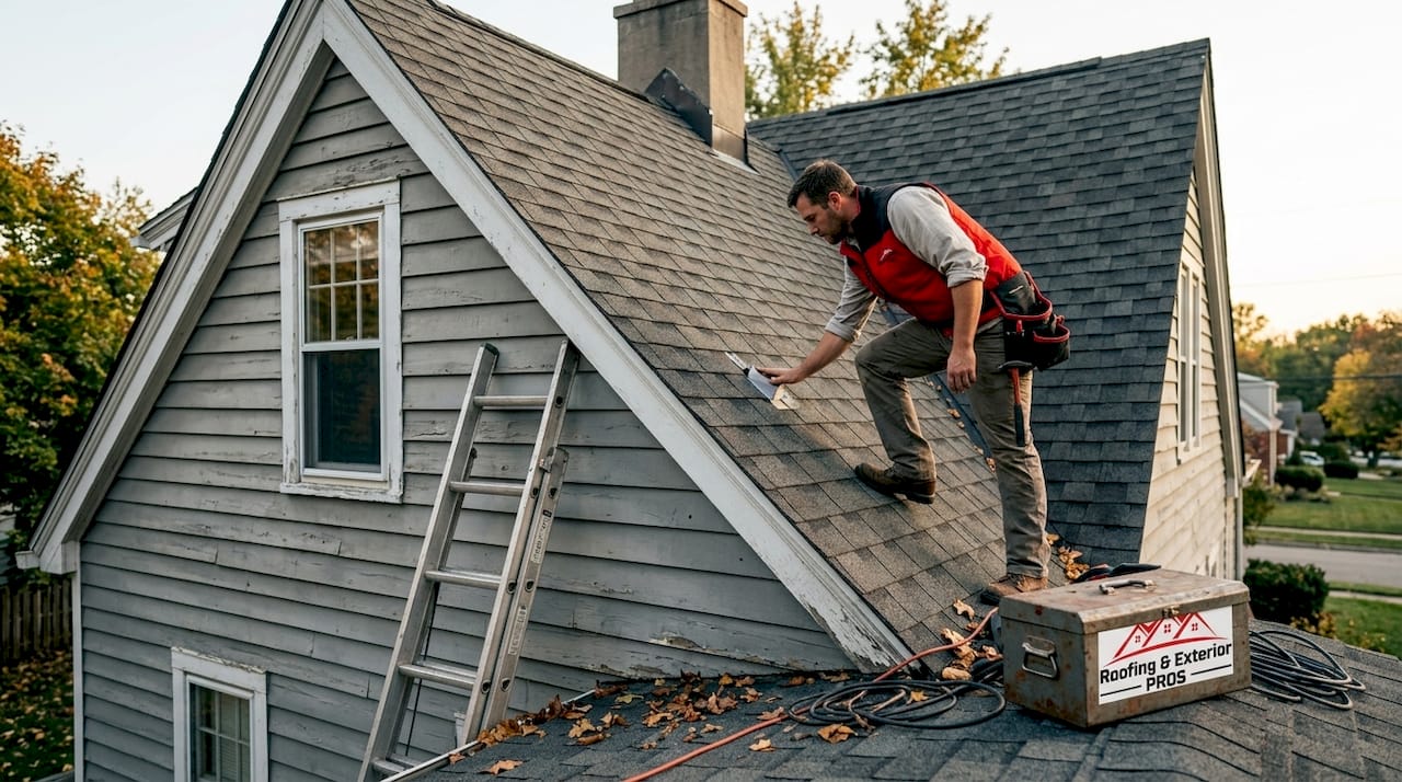 Roofer inspecting home roof exterior