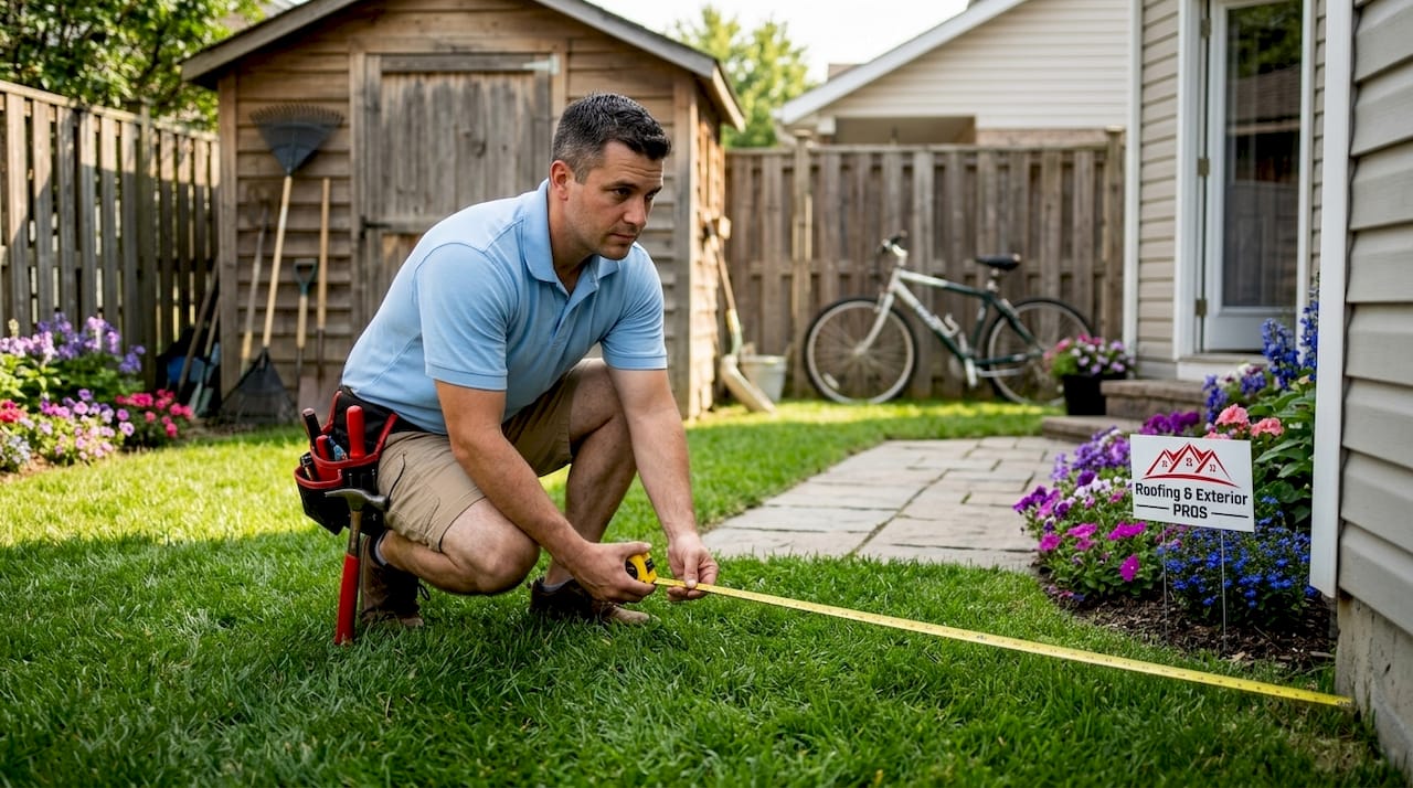 Contractor measuring ground footprint for roof area