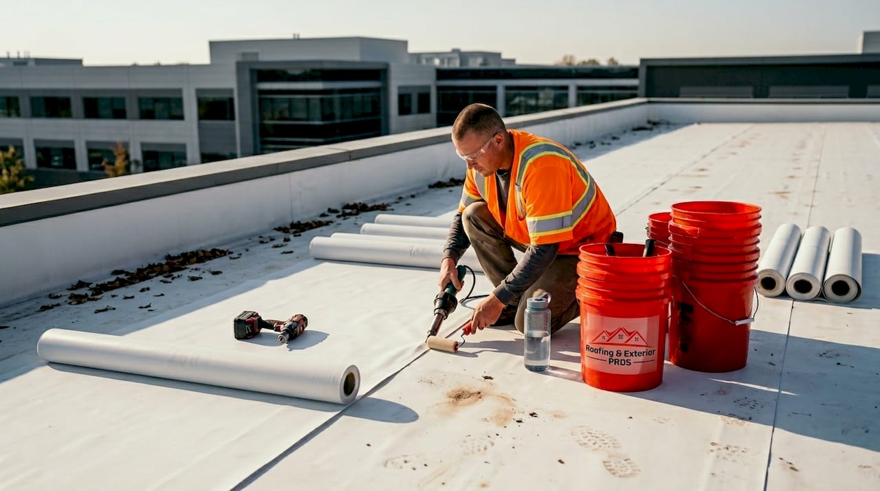 Worker installing TPO membrane on flat roof