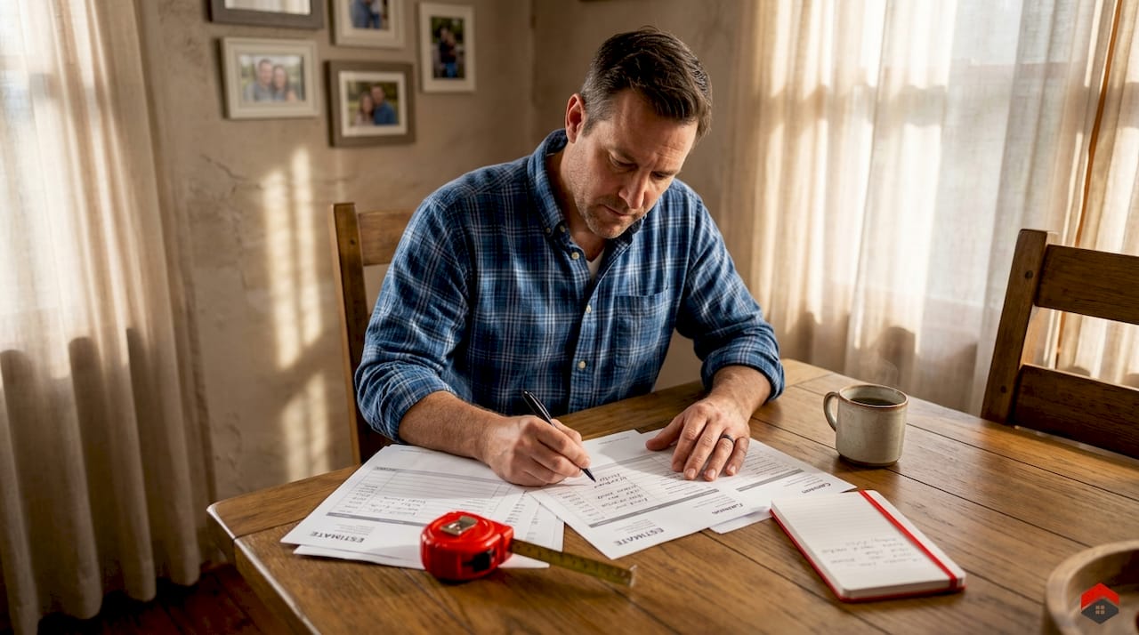 Contractor reviewing roofing estimates at kitchen table