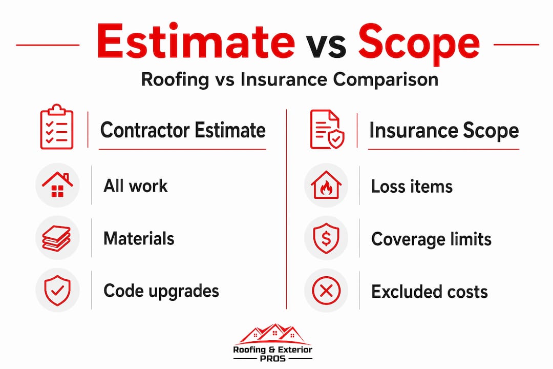 Infographic comparing roofing estimate and insurance scope