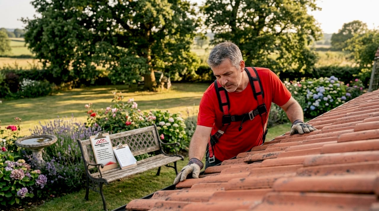 Homeowner inspecting roof shingles with checklist