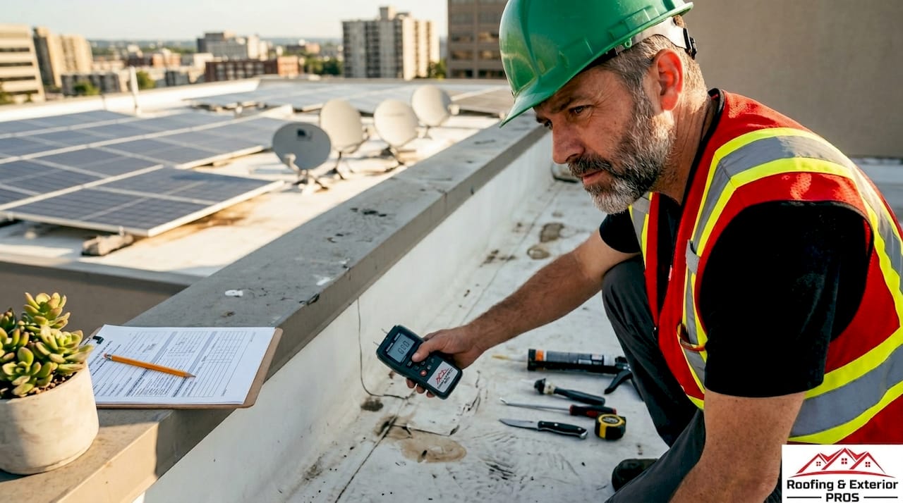 Commercial roof inspector examining roof seam