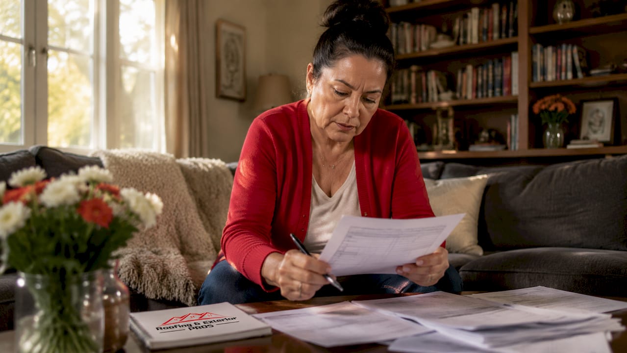 Homeowner reviewing roofing insurance papers