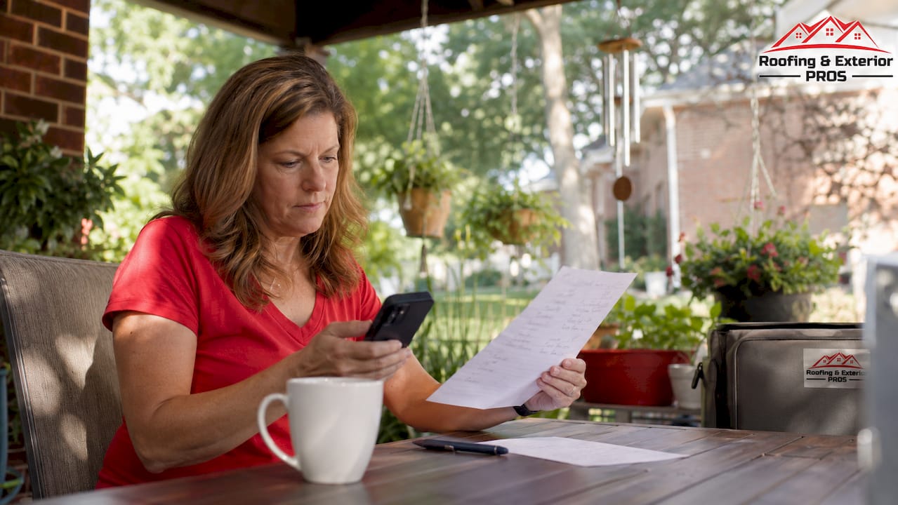 Woman checking roofer references at home