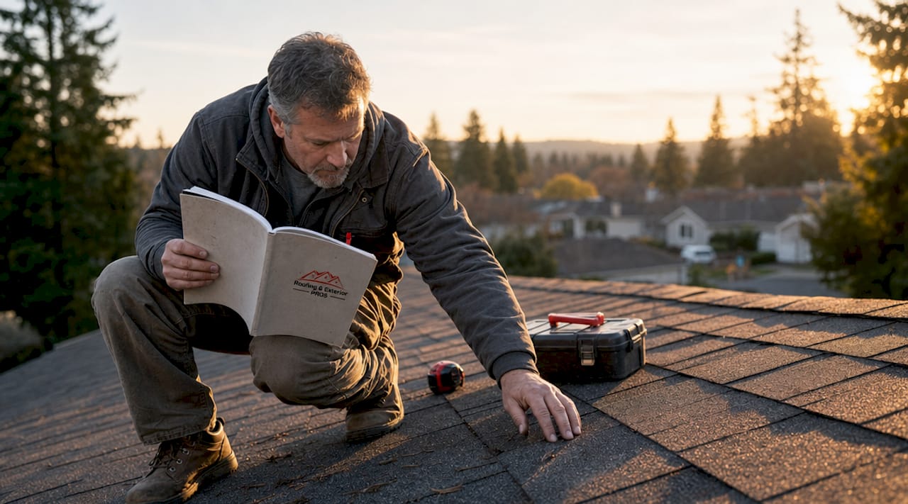Homeowner inspecting asphalt shingles on roof