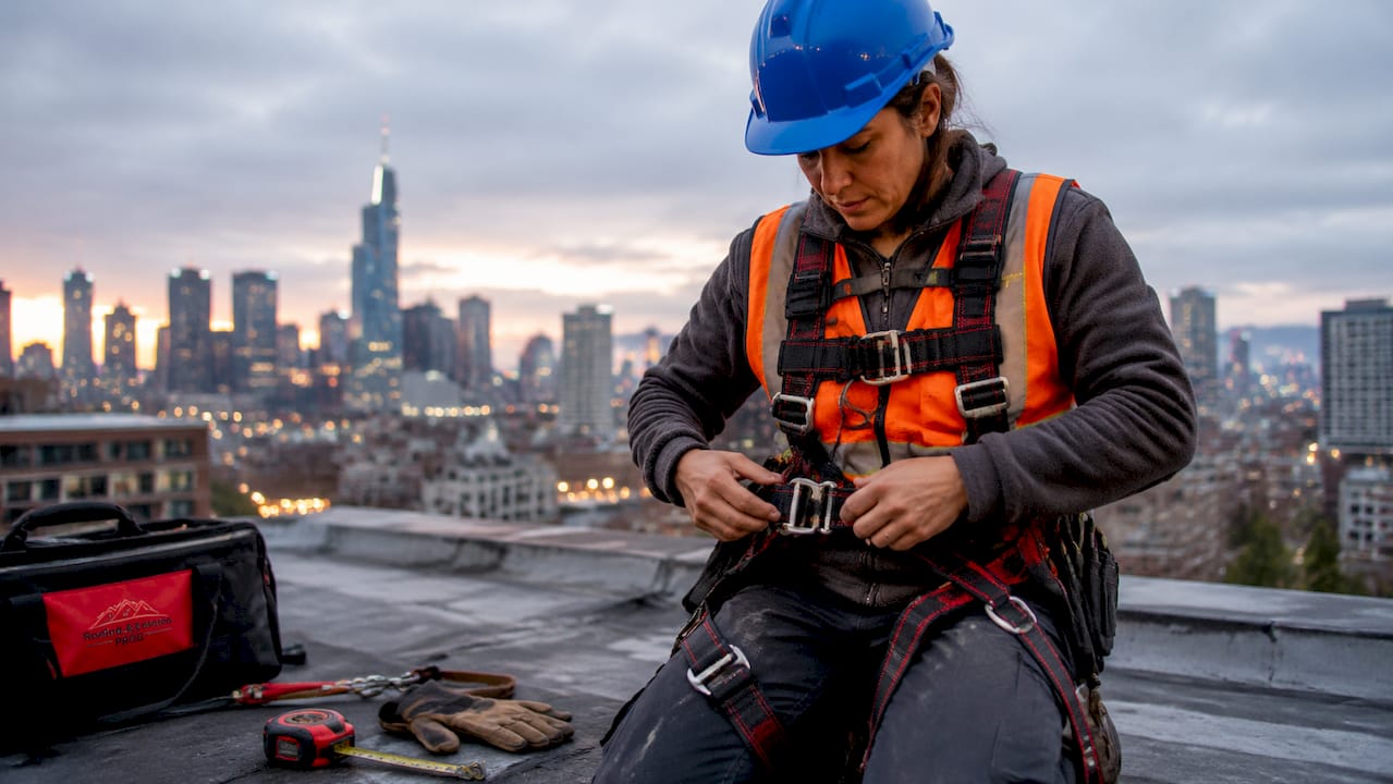 Worker inspecting roof safety harness
