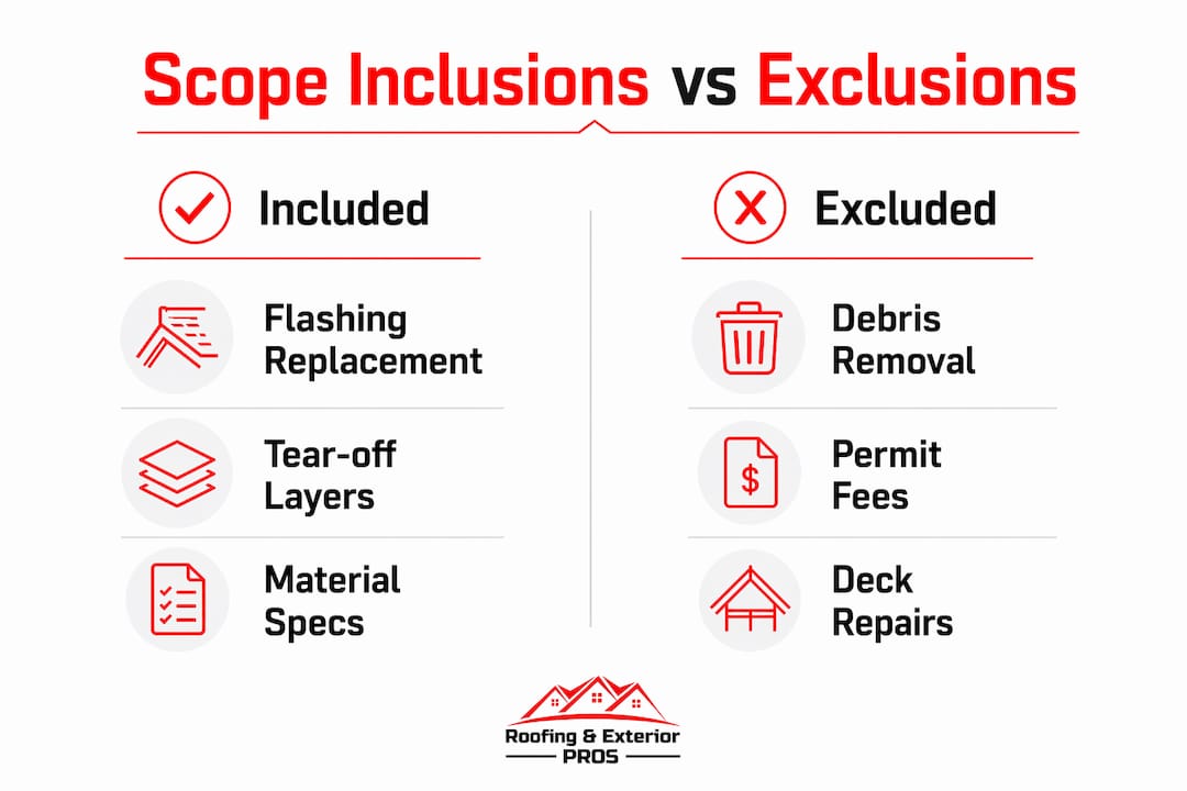 Infographic showing roofing scope inclusions and exclusions