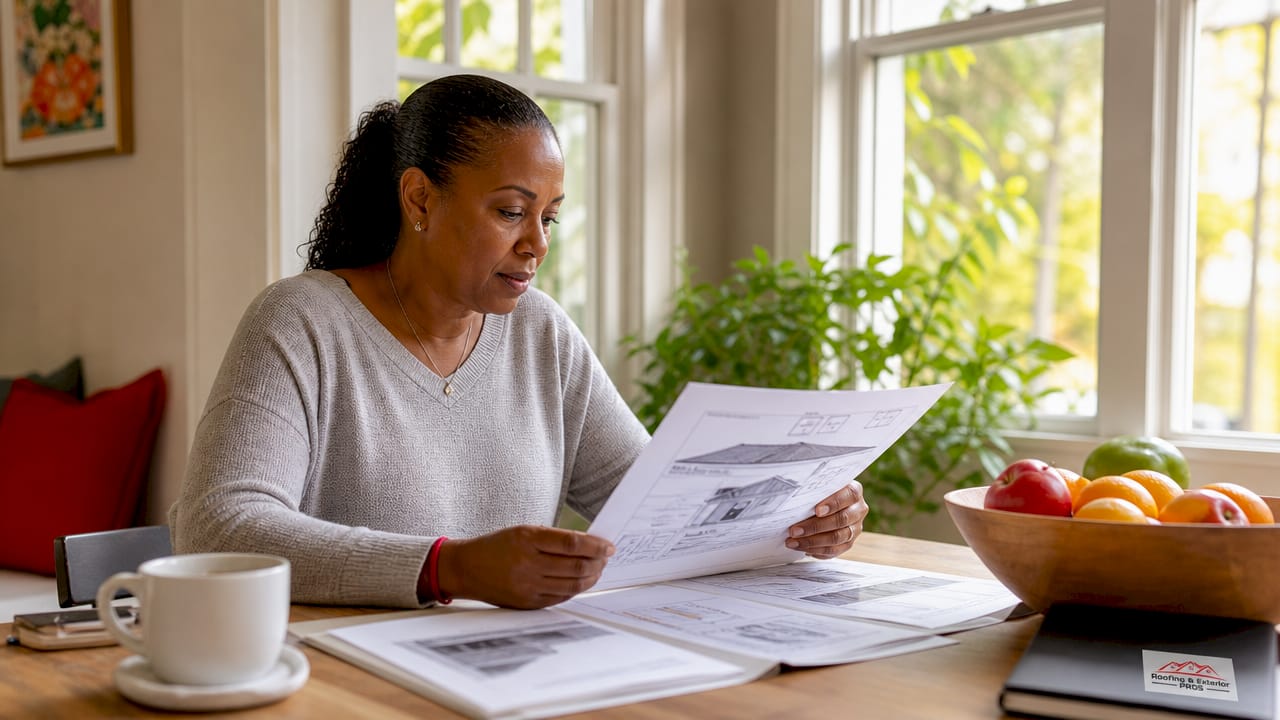 Homeowner reviewing roofing contract paperwork