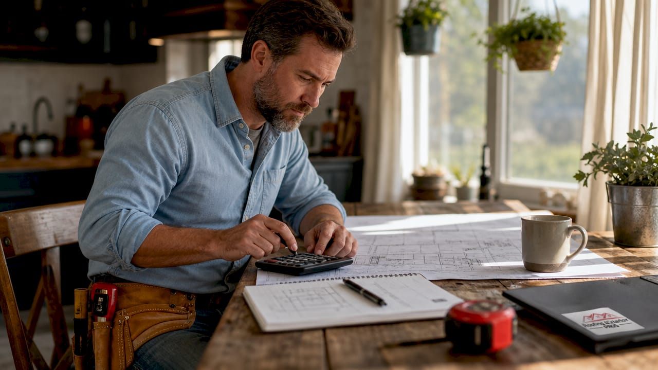 Contractor calculating roofing cost estimate at home office desk