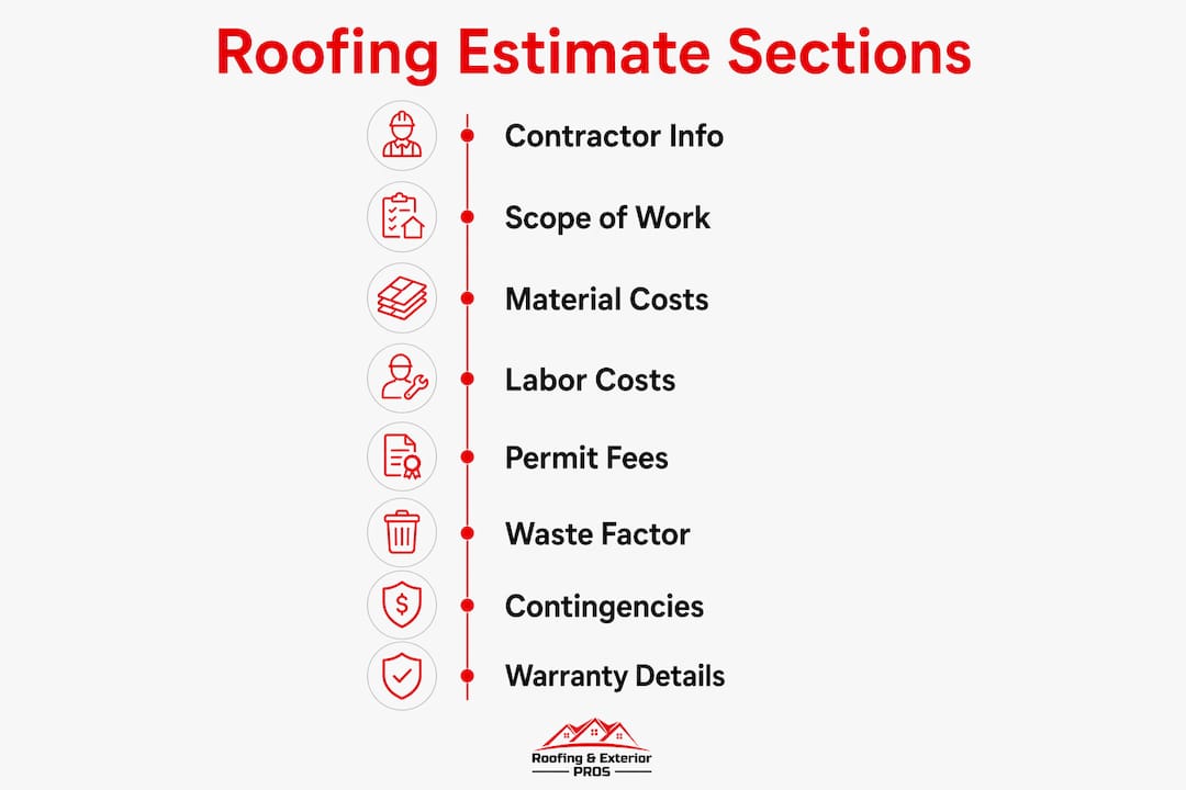 Infographic showing main sections of a roofing cost estimate