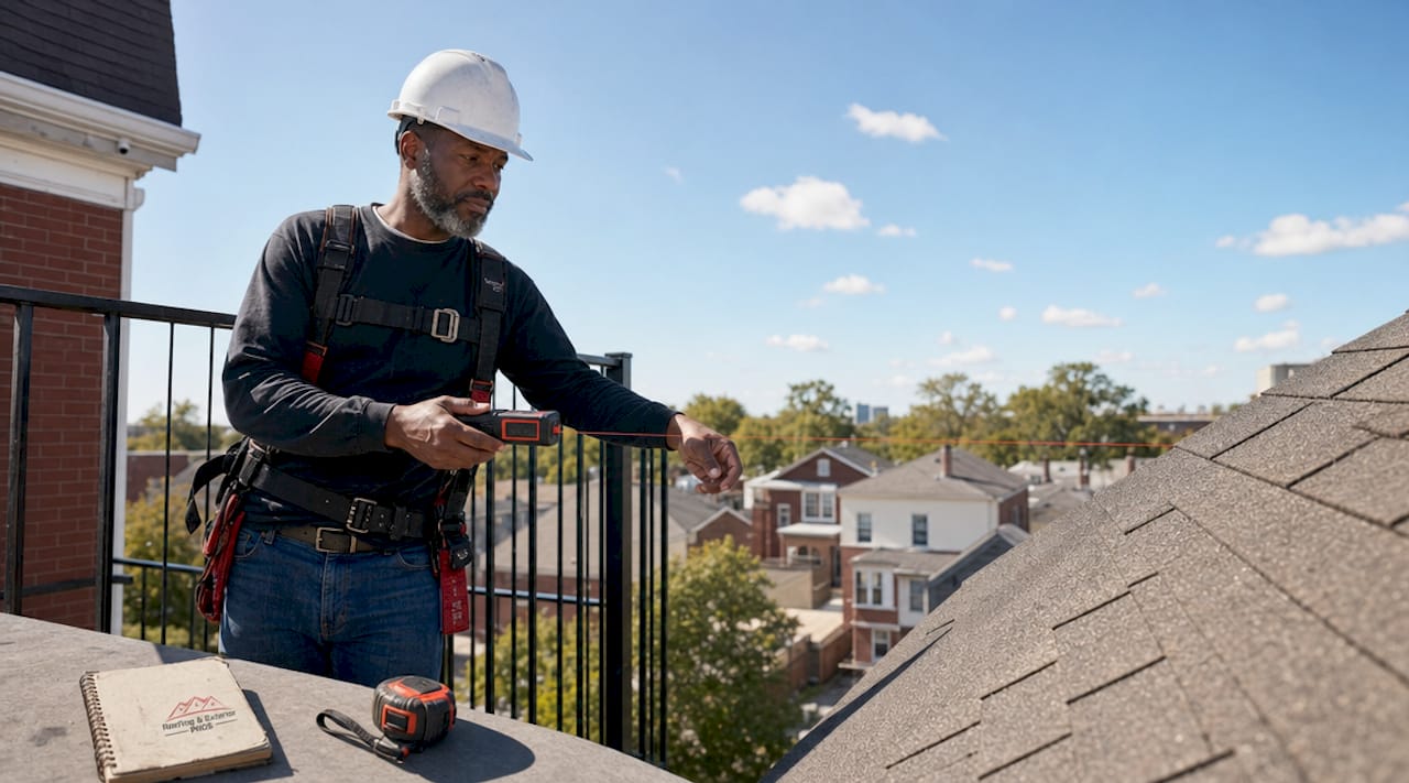 Roofing contractor measuring roof with laser tool