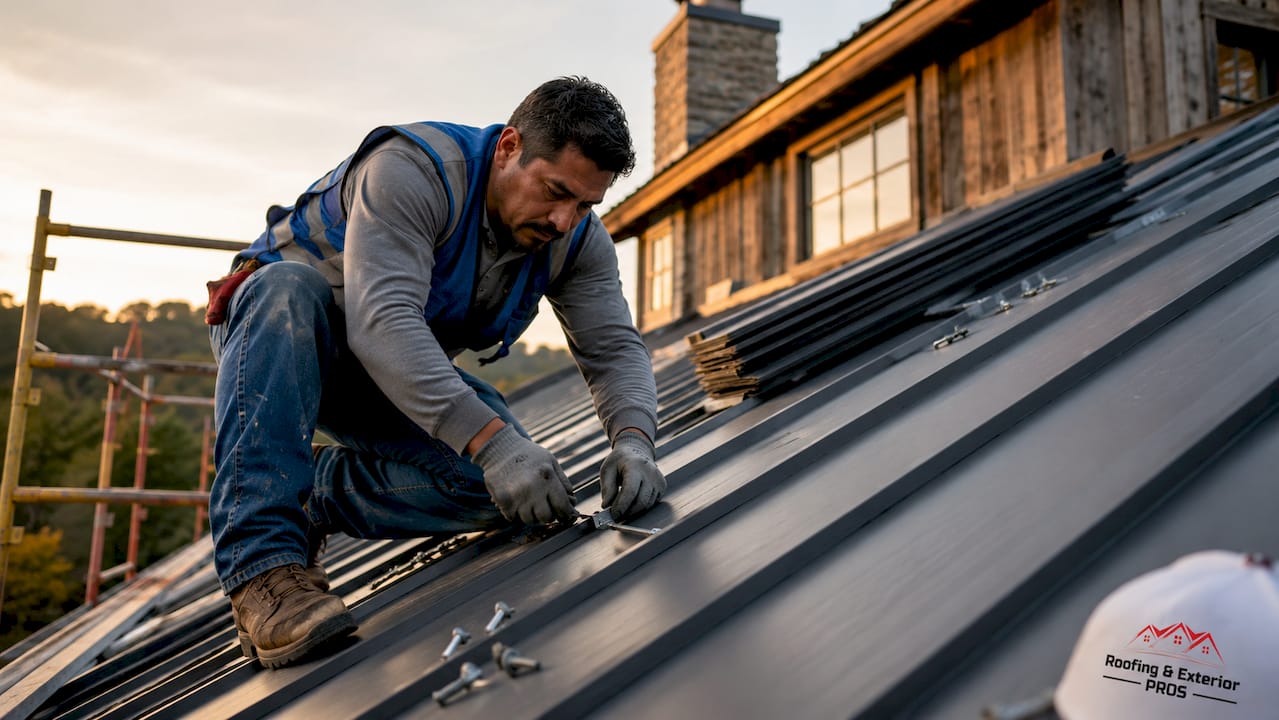 Roofer installing metal roof panels
