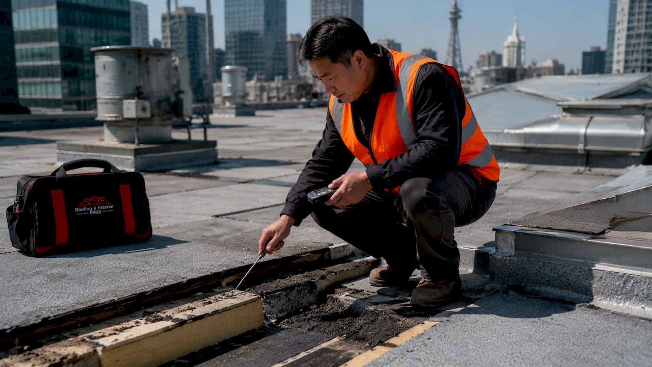 Technician inspecting commercial roof assembly for fire rating